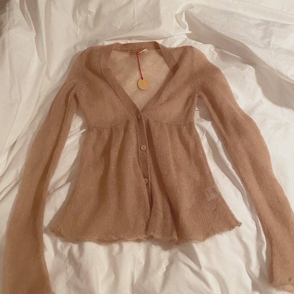 AG Sheer Mohair Sweater Cardigan Sz S Warm Fawn/Ch
